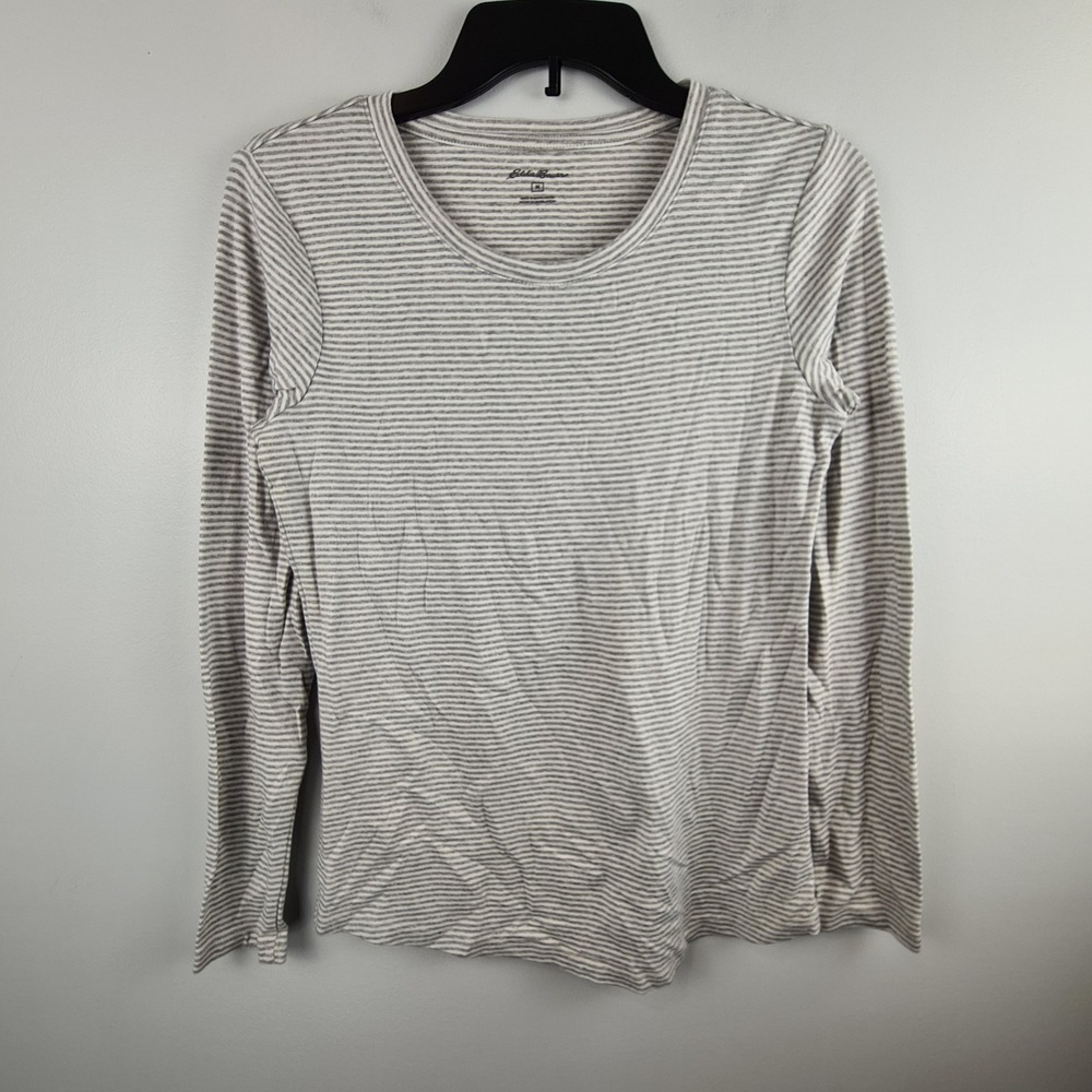 Eddie Bauer Womens Gray White Striped Long Sleeve‎ Cotton Modal T-Shirt Size M